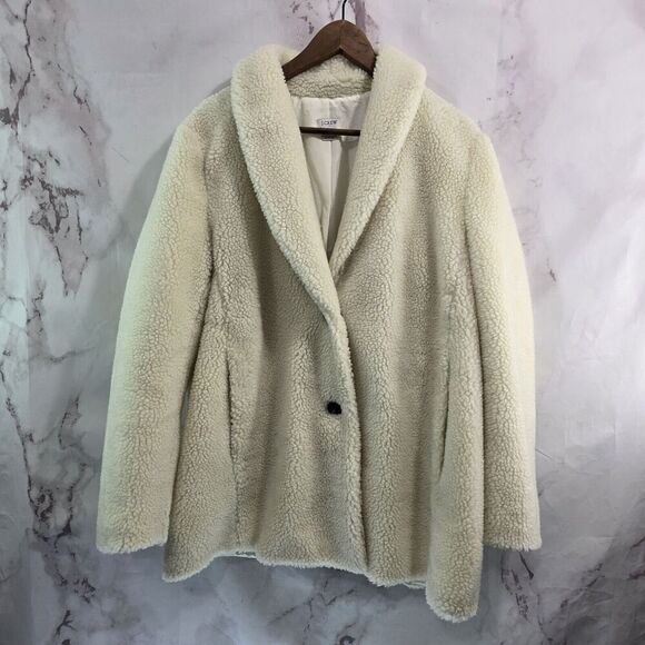 J Crew Coat Womens XL White Sherpa Teddy Faux Shearling Fuzz Shawl Cocoon Shawl - Picture 1 of 11